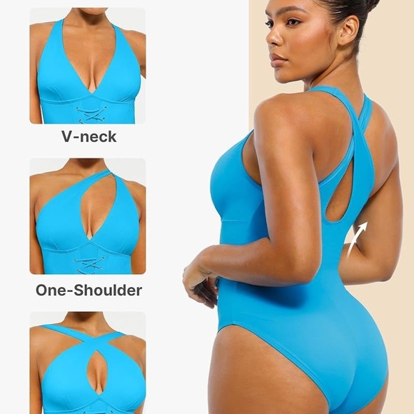 SHAPELLX Women's Slimming Swimwear Push Up V Neck Tummy Control Swim Suits Blue - Picture 4 of 9